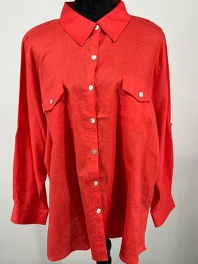 Studio Works Linen 2 Pocket Roll Tab Sleeved Orange Women's Button-Down Shirt 2X